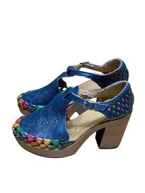 Handcrafted Womens Blue Leather Heels Floral Embossing & Multicolor Braided Sz 9
